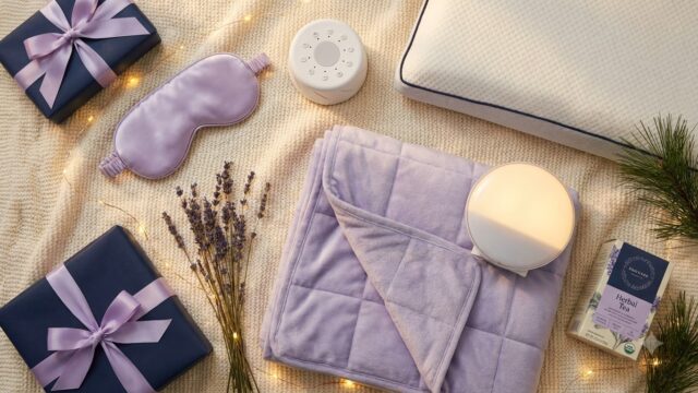 Sleep gift ideas including a sleep mask, white noise machine, cooling pillow, weighted blanket and sunrise alarm clock