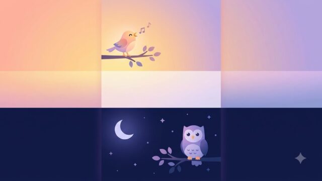 Split image of a sunny morning with coffee and a moonlit night with a desk lamp, representing early birds and night owls