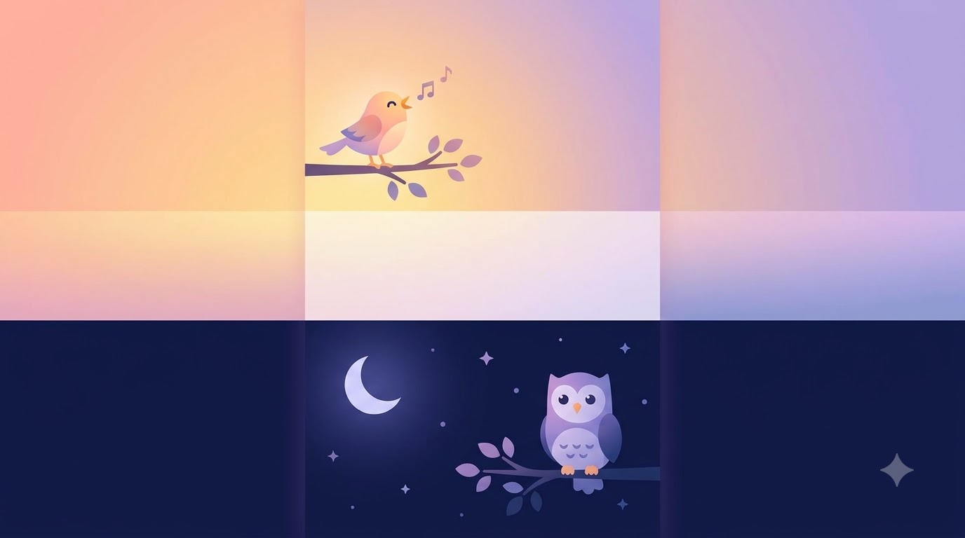Split image of a sunny morning with coffee and a moonlit night with a desk lamp, representing early birds and night owls
