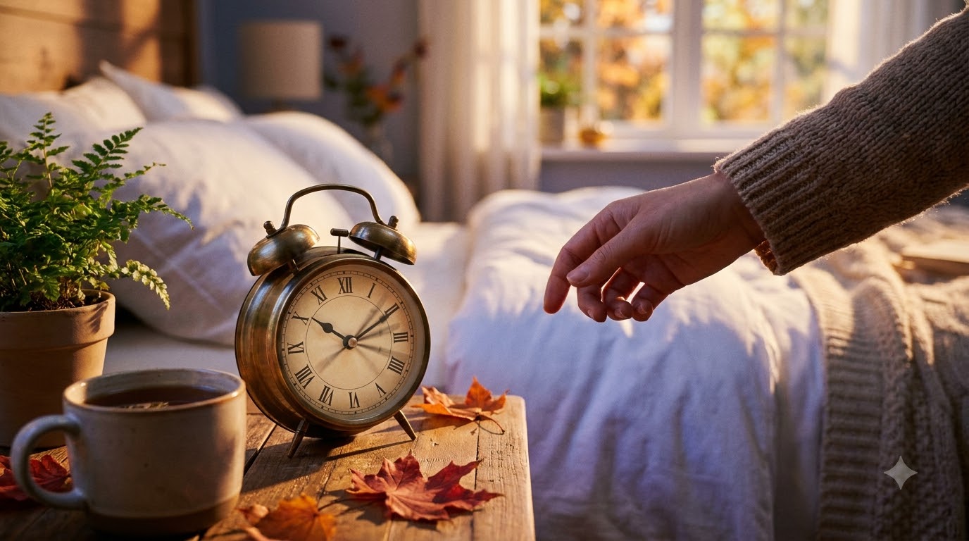 A hand turning back an analog alarm clock on a bedside table with autumn leaves, for daylight saving time ending
