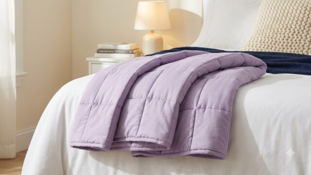 Lavender quilted weighted blanket draped over a bed with white sheets