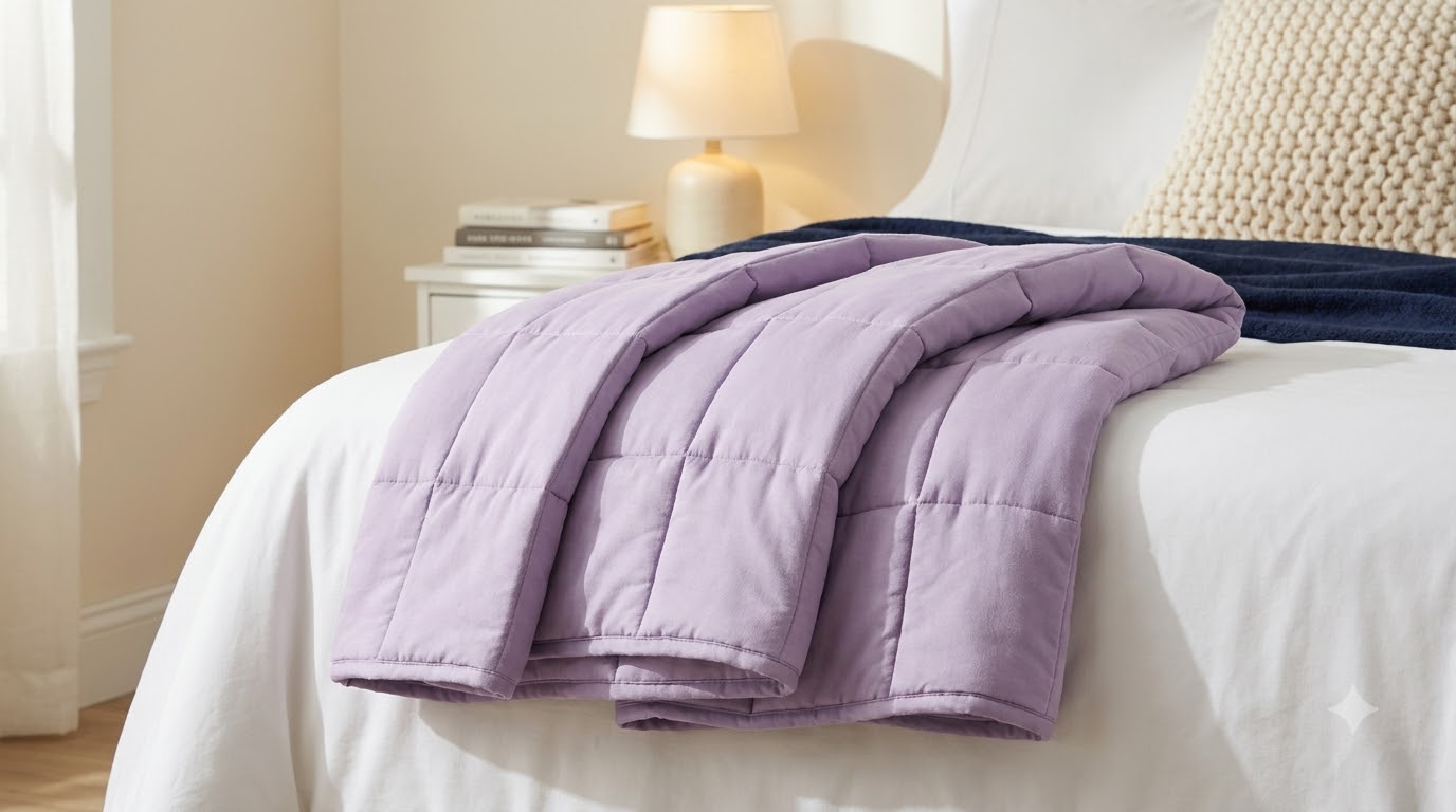 Lavender quilted weighted blanket draped over a bed with white sheets