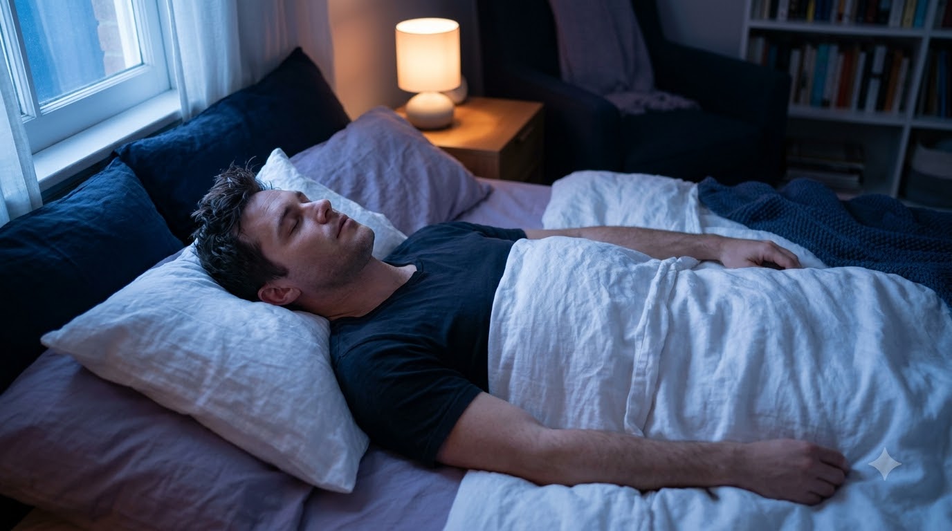 Man lying in bed with eyes closed and a relaxed face and shoulders, falling asleep peacefully