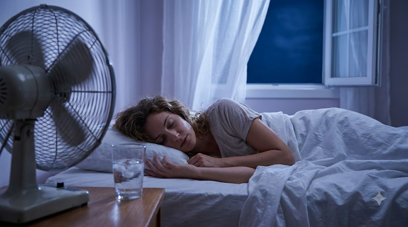 Woman sleeping on light cotton sheets with a fan blowing toward her and an open window on a summer night