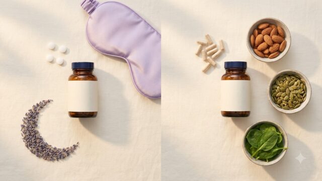 Two unlabeled supplement bottles with tablets, capsules, almonds, pumpkin seeds and spinach, comparing melatonin and magnesium