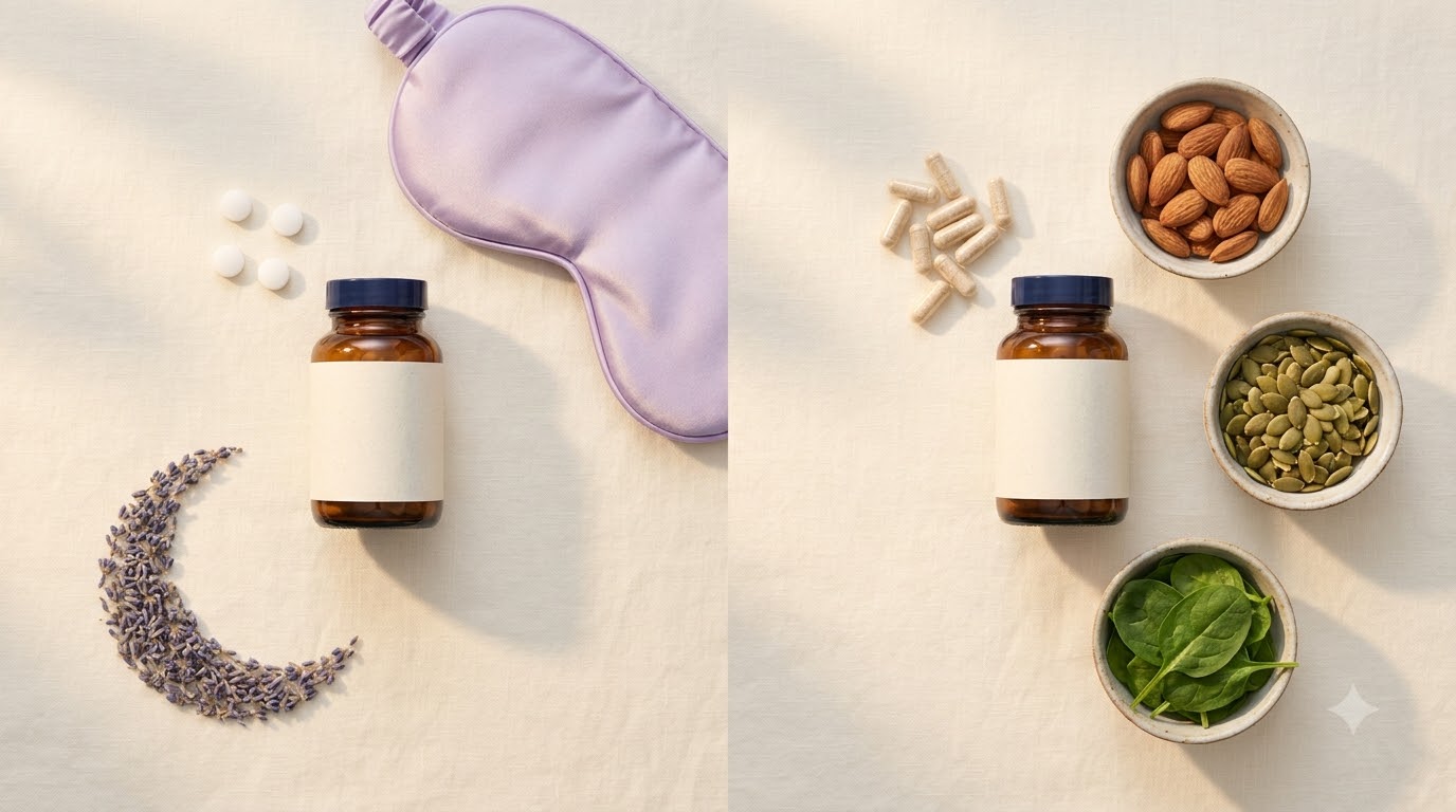 Two unlabeled supplement bottles with tablets, capsules, almonds, pumpkin seeds and spinach, comparing melatonin and magnesium