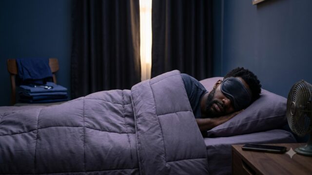 Night shift nurse sleeping during the day with a sleep mask in a dark room with blackout curtains