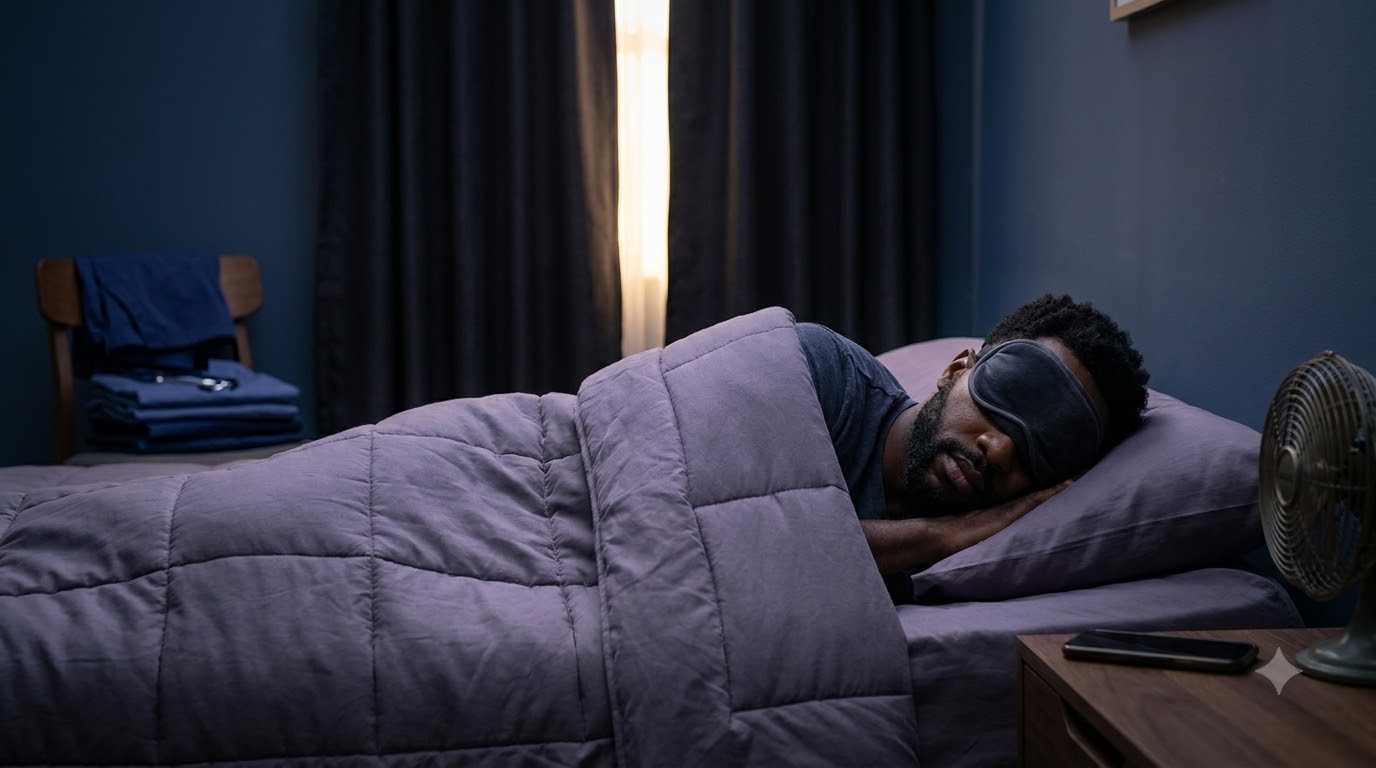 Night shift nurse sleeping during the day with a sleep mask in a dark room with blackout curtains