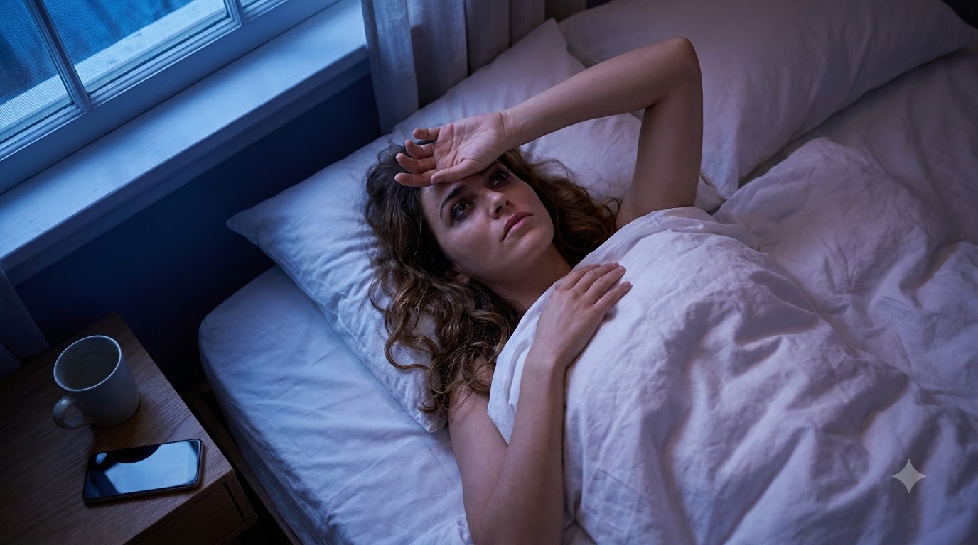 Exhausted woman lying awake in bed at night staring at the ceiling, with her phone glowing on the nightstand