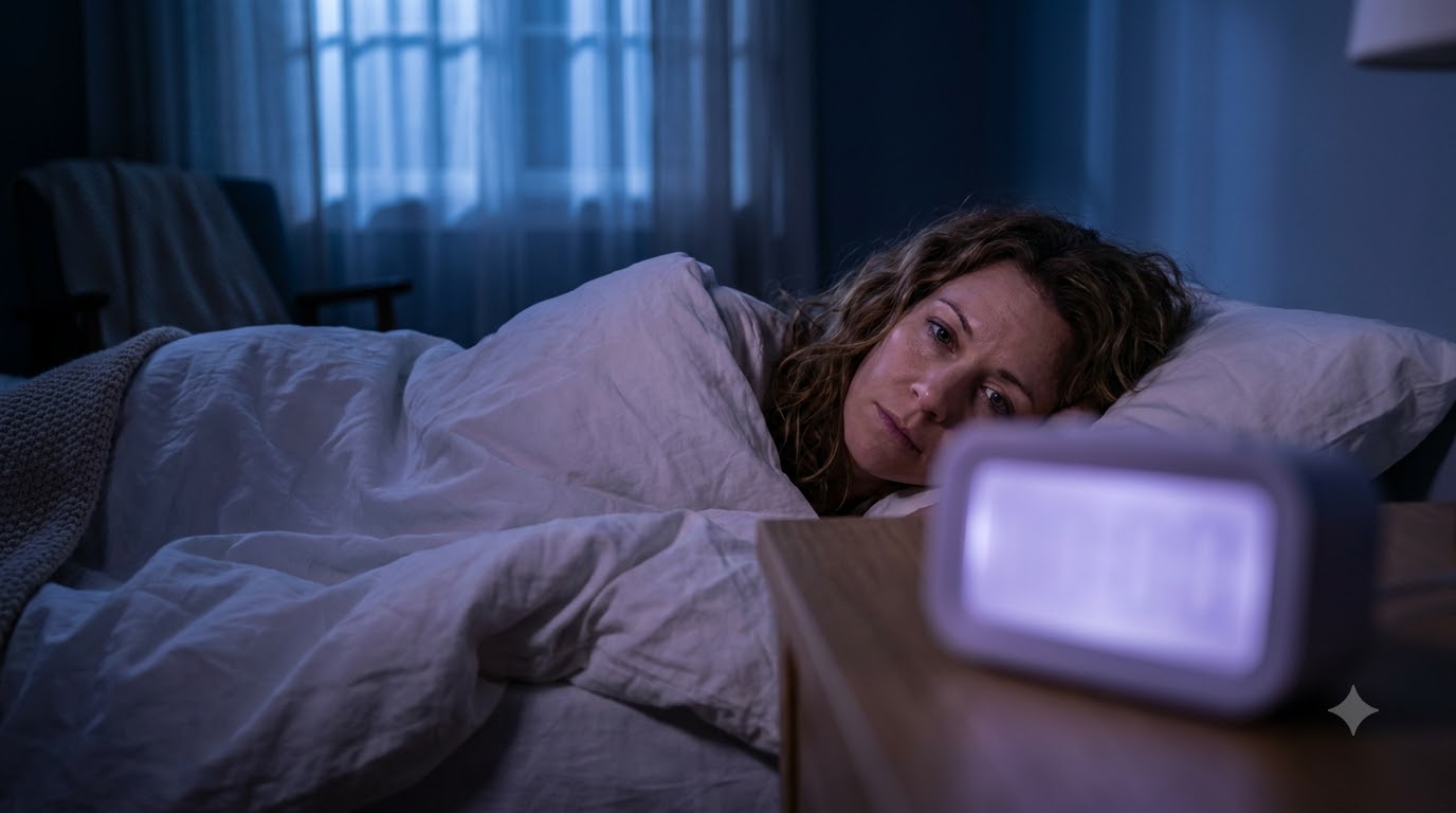 Woman lying awake in bed at night looking at a glowing bedside alarm clock